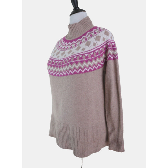 Tahari Size L Fair Isle Mock Neck Sweater Pullover Brown Cream Pink - Picture 1 of 10